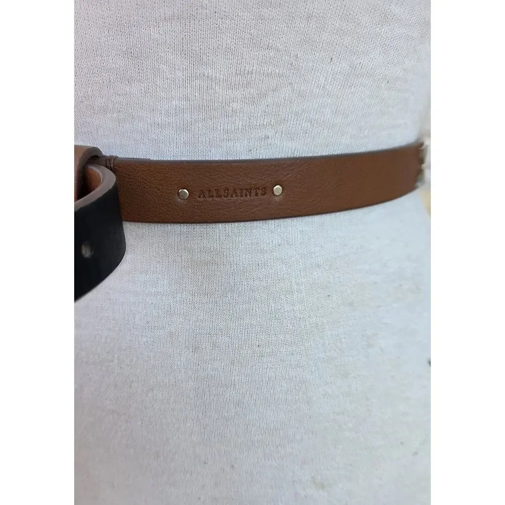 AllSaints Camel Studded Leather Belt Pebbled Thin Minimalist Moto Rocker